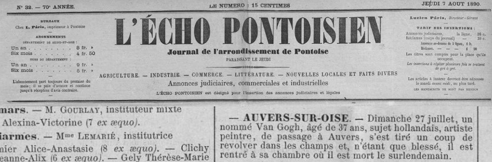 journal l'echo du pontoisien du jeudi 7 aout 1890 - article sur vincent van gogh 